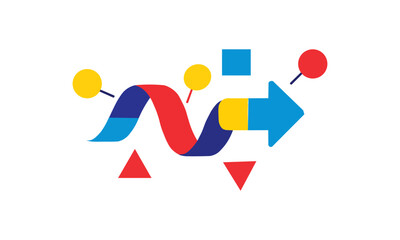 Abstract colorful ribbon with geometric shapes and arrows, isolated on white background