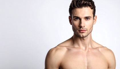 A handsome, shirtless man with dark hair looks directly at the viewer with a neutral expression