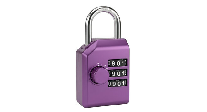 Purple combination padlock with three number dials isolated on transparent background