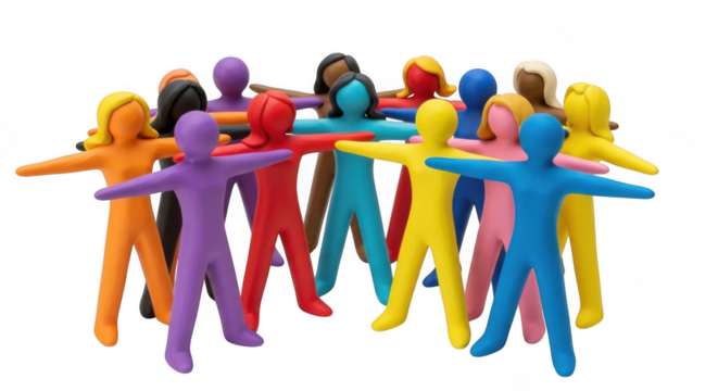 Diverse group of colorful clay people standing together isolated on transparent background