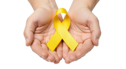 Hands holding yellow ribbon isolated on transparent background