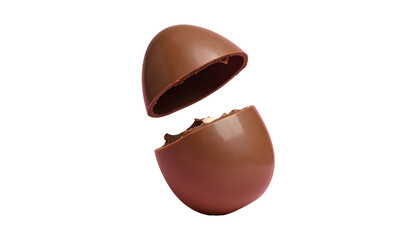 A chocolate egg, broken in two, revealing a small, visible filling, isolated on black