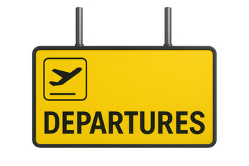 Airport departures sign displaying travel information and airplane icon