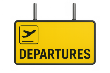 Airport departures sign displaying travel information and airplane icon