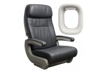 Airplane seat and window on transparent background
