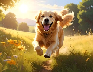 A happy golden retriever romps through a sunny field of flowers, tongue out and tail wagging