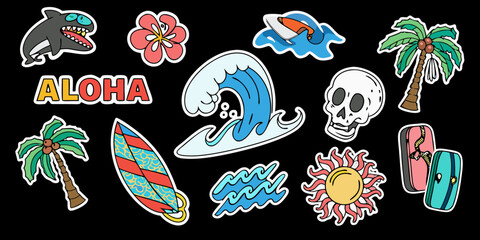 Collection of hawaiian aloha surf stickers featuring a shark palm trees surfboard wave skull and sun © Amrito