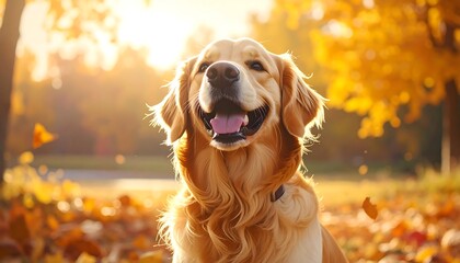 A happy golden retriever smiles radiantly, surrounded by fallen golden autumn leaves in sunlight