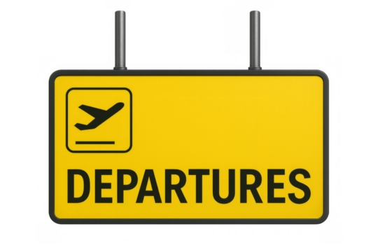 Airport departures sign displaying travel information and airplane icon