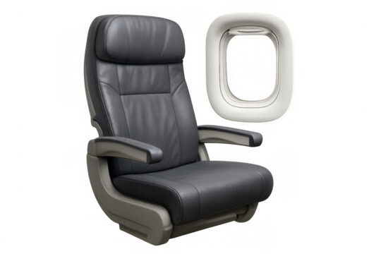 Airplane seat and window on transparent background
