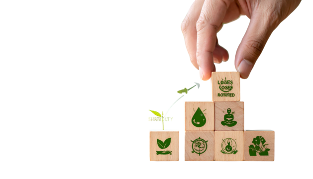 Hand placing wooden block with text and symbol on a tiered stack, with others displaying icons