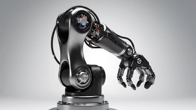 Futuristic robotic arm showcases advanced mechanical design and automation technology, featuring intricate engineering, sleek metallic finish, and versatile gripping mechanism for industrial