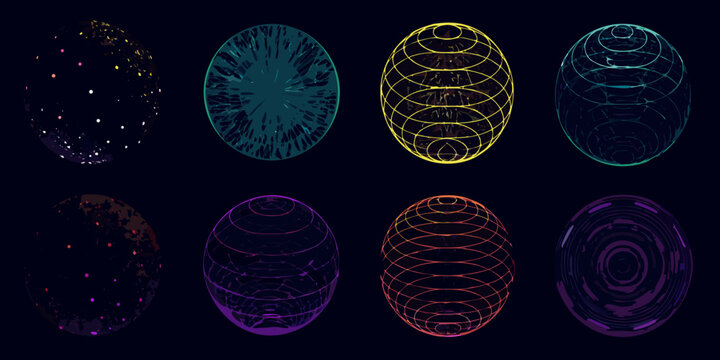 Abstract digital spheres and orbs with diverse textures and wireframe designs on dark background