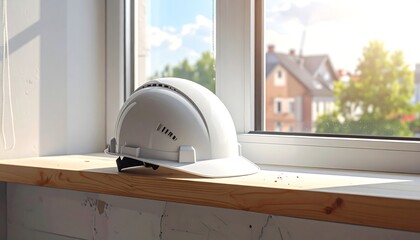 A hard hat rests on a windowsill, with a sunny view of rooftops and trees in the background