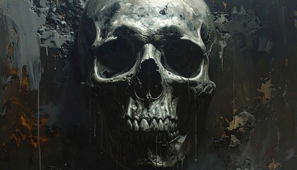 A haunting skull detail emerges from textured, dark abstract background, metallic grey hues