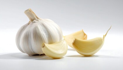 A head of allium sativum alongside three individual cloves, captured against a clean, white backdrop