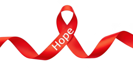 Red ribbon with the word hope, isolated on transparent background