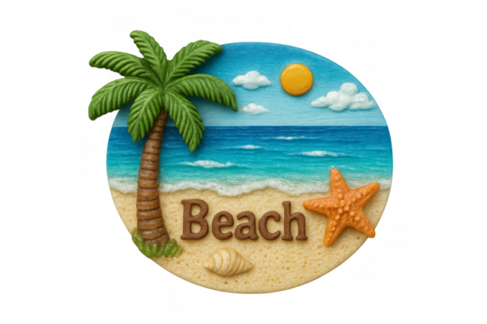 Clay art beach scene with palm tree and starfish