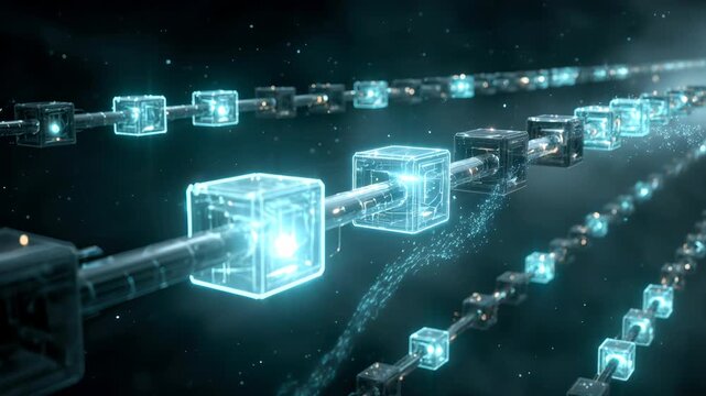 This captivating animation provides an abstract visual representation of blockchain technology. It features a long, interconnected chain of futuristic, translucent cubes, each glowing with an ethereal