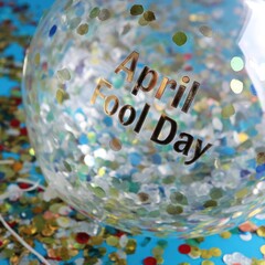 Transparent balloon with colorful confetti and april fools day message