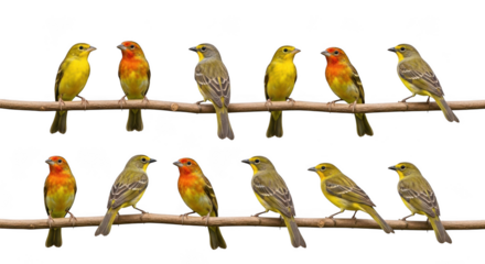 Two rows of small birds perched on a branch, isolated on transparent background
