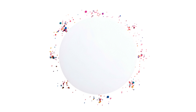 White circle centerpiece with pixelated colorful border on solid black background