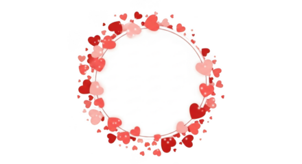 Circular frame made of red and pink hearts, isolated on transparent background