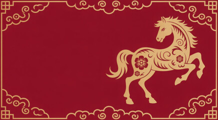 luxury red and gold chinese horse new year background, The horse is adorned with intricate golden patterns. a dynamic pose against a vibrant red background. 2026 new year with copy space for text,
