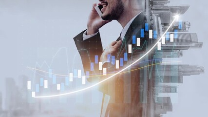 Confident businessman on the phone integrates technology with finance, surrounded by financial graphs. Represents growth, investment, and modern corporate dynamics. Copula - Powered by Adobe