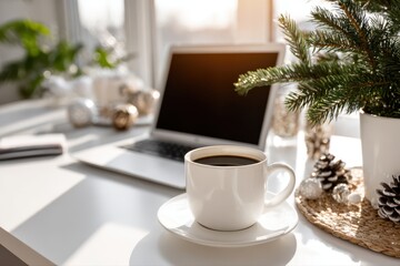 A modern office desk with a laptop and a cup of coffee, decorated for Christmas. The laptop is open, ready for work, with a cozy and festive atmosphere.