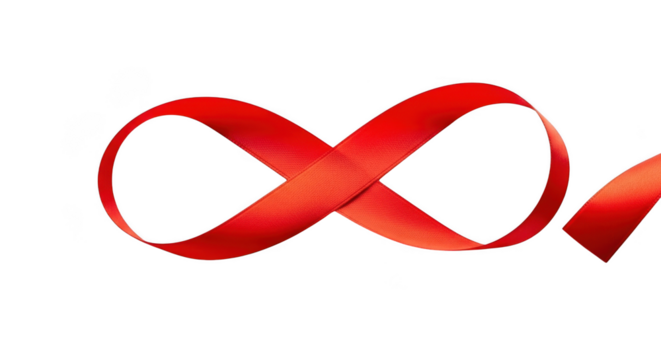 Red ribbon in infinity symbol shape, isolated on transparent background