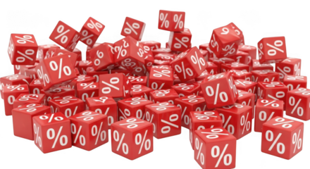 Pile of red cubes with percentage signs isolated on transparent background