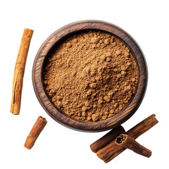 A bowl overflows with fragrant cinnamon powder Isolated transparent on white background