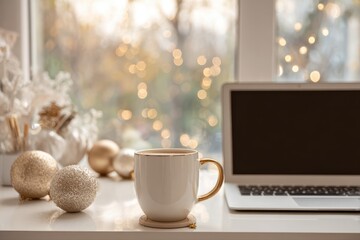 A modern office desk with a laptop and a cup of coffee, decorated for Christmas.