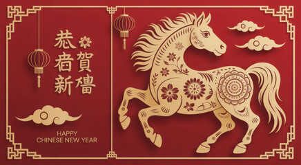Happy Chinese new year banner with horse on red background. Translation: Best wishes for a happy new year and the first day of Chinese New Year.
