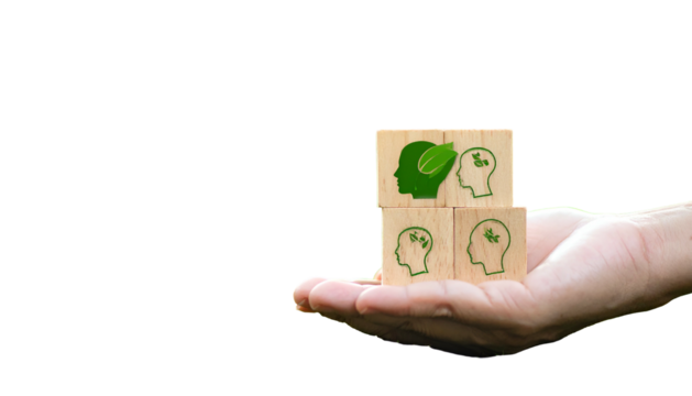 Hand holding wooden cubes with green head silhouettes and leaf, against a black backdrop