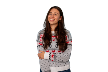 Happy young woman smiling, celebrating winter holidays in festive christmas sweater with transparent background