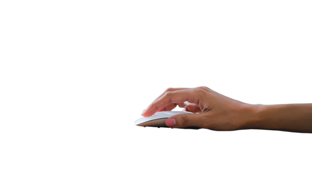 A hand, poised, gently touches a sleek, white computer input device against black