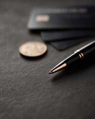 Office pen and credit card beside shining coin, elegant minimal finance,