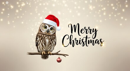 Cute owl wearing santa hat with merry christmas text