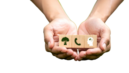Hands cradling wooden blocks depicting nature, communication, and mind