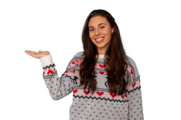 Woman in christmas sweater presenting empty hand gesture, smiling, offering, good news, copy space, transparent background