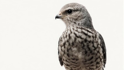 Close-up of a majestic hawk with striking plumage against a clean white background.