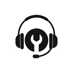 A headphone surrounds a wrench in a solid icon on a white background