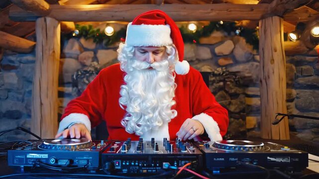 Santa Claus DJs at a cozy holiday party in a festive cabin. Christmas videos