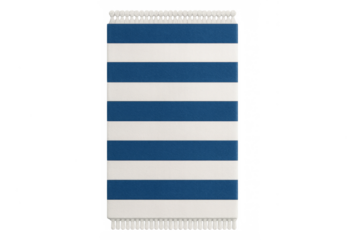 Blue and white striped beach towel with fringes on transparent background