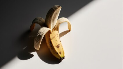 Partially Peeled Banana with Shadow on White Background.