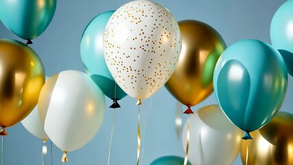 The colorful balloons in turquoise, gold, and white create a lively atmosphere. These vibrant balloons with golden accents add a cheerful touch to the festive celebration. - Powered by Adobe
