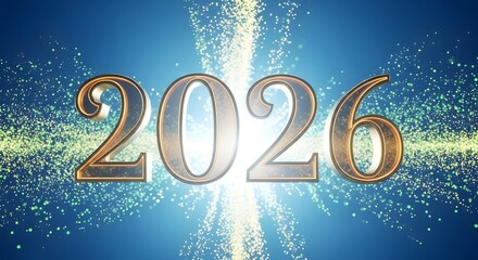 Golden 2026 text with sparkling light particles on blue background