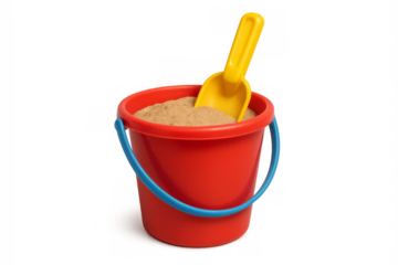 Red sand bucket with yellow beach toy spade